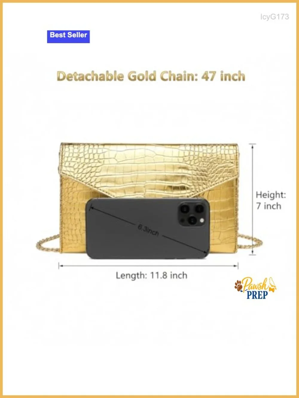 Gold Envelope Clutch Purse Metallic Faux Leather Handbag with Detachable Chain